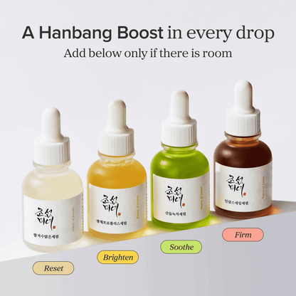Beauty of Joseon Glow Deep Serum Rice Alpha-Arbutin and other serums in colorful bottles on display.