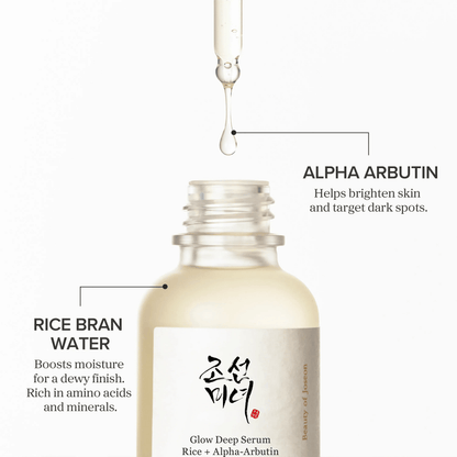 Beauty of Joseon Glow Deep Serum Rice Alpha-Arbutin bottle with rice bran water and alpha arbutin highlights.