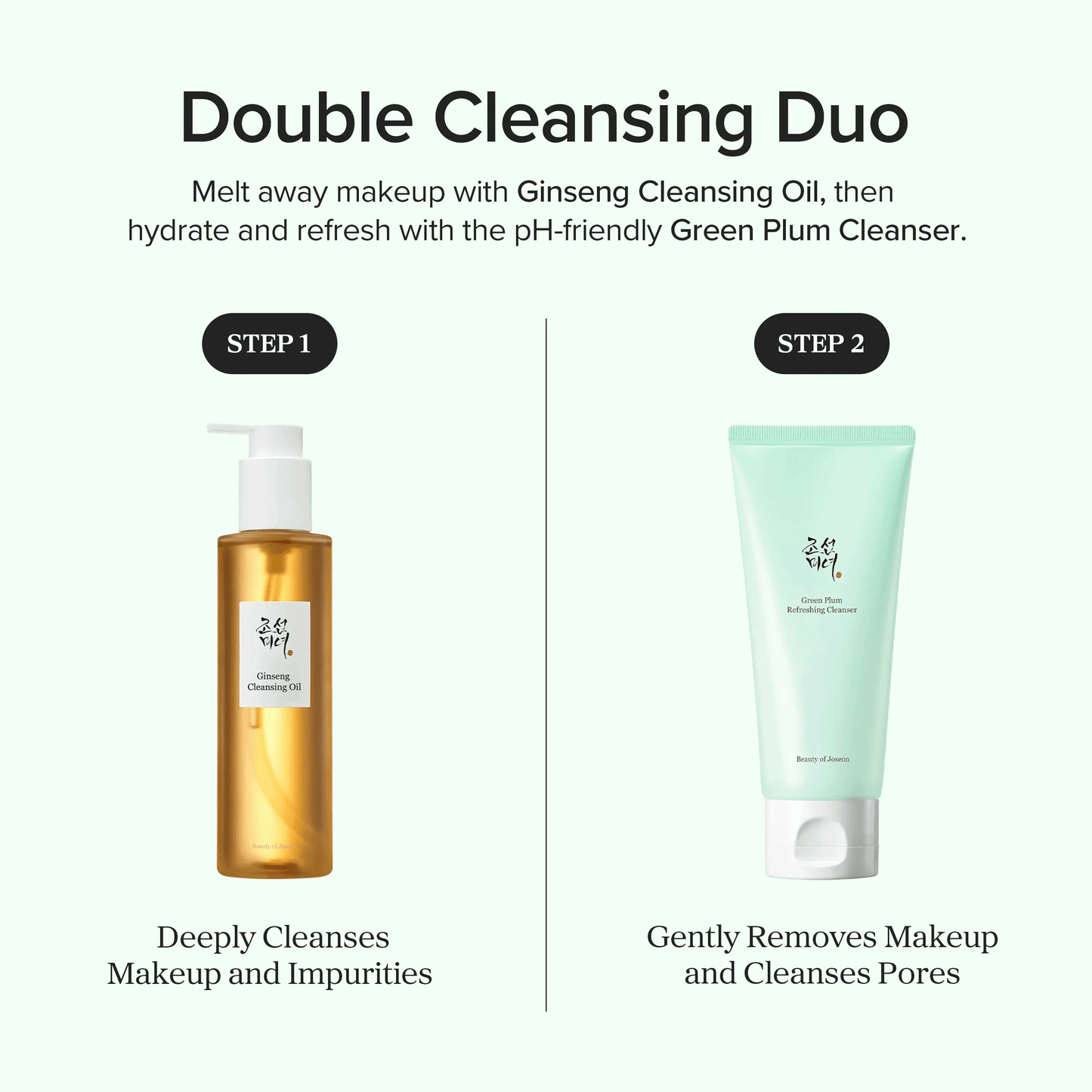 Double Cleansing Duo featuring Ginseng Cleansing Oil and Beauty of Joseon Green Plum Refreshing Cleanser.