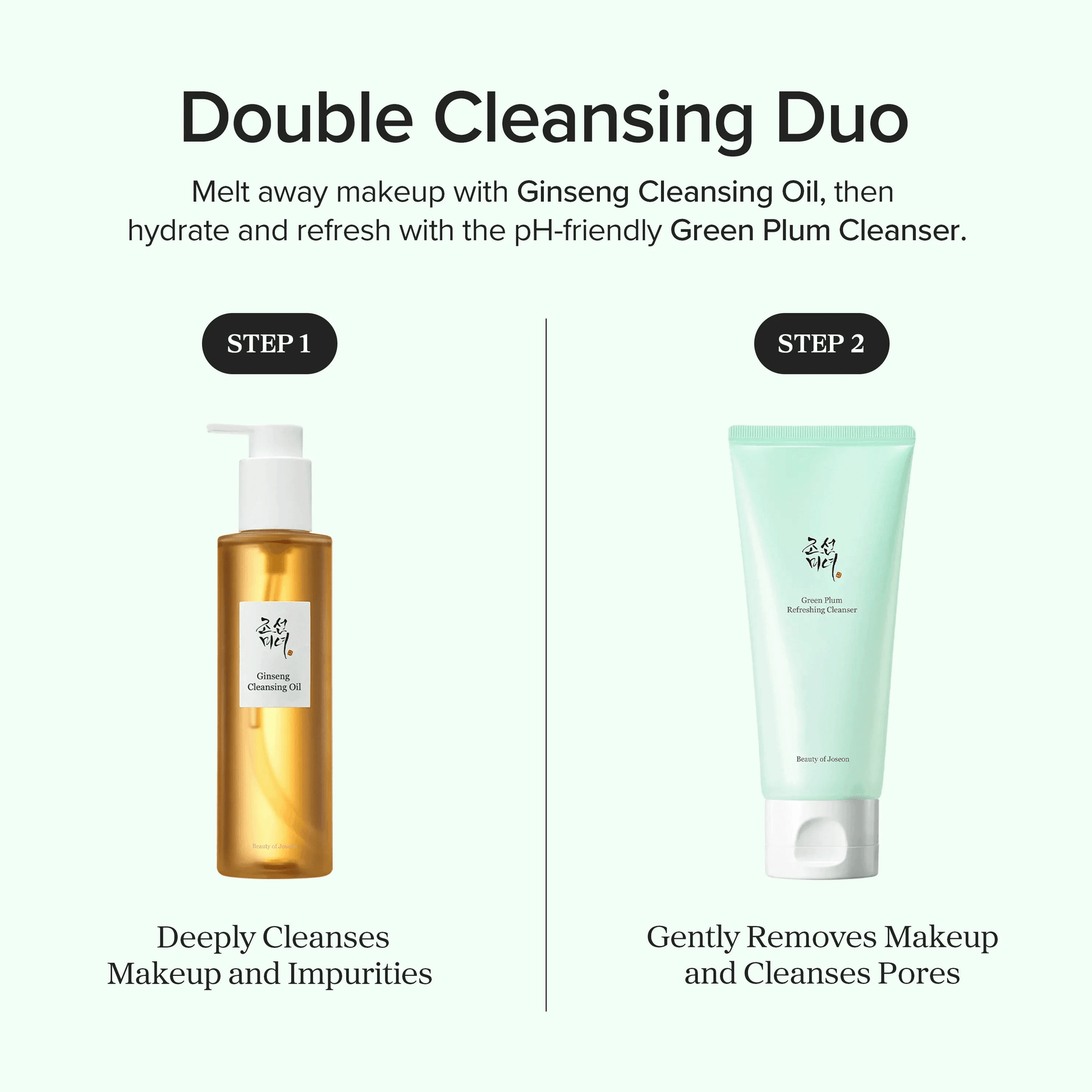 Double Cleansing Duo featuring Ginseng Cleansing Oil and Beauty of Joseon Green Plum Refreshing Cleanser.