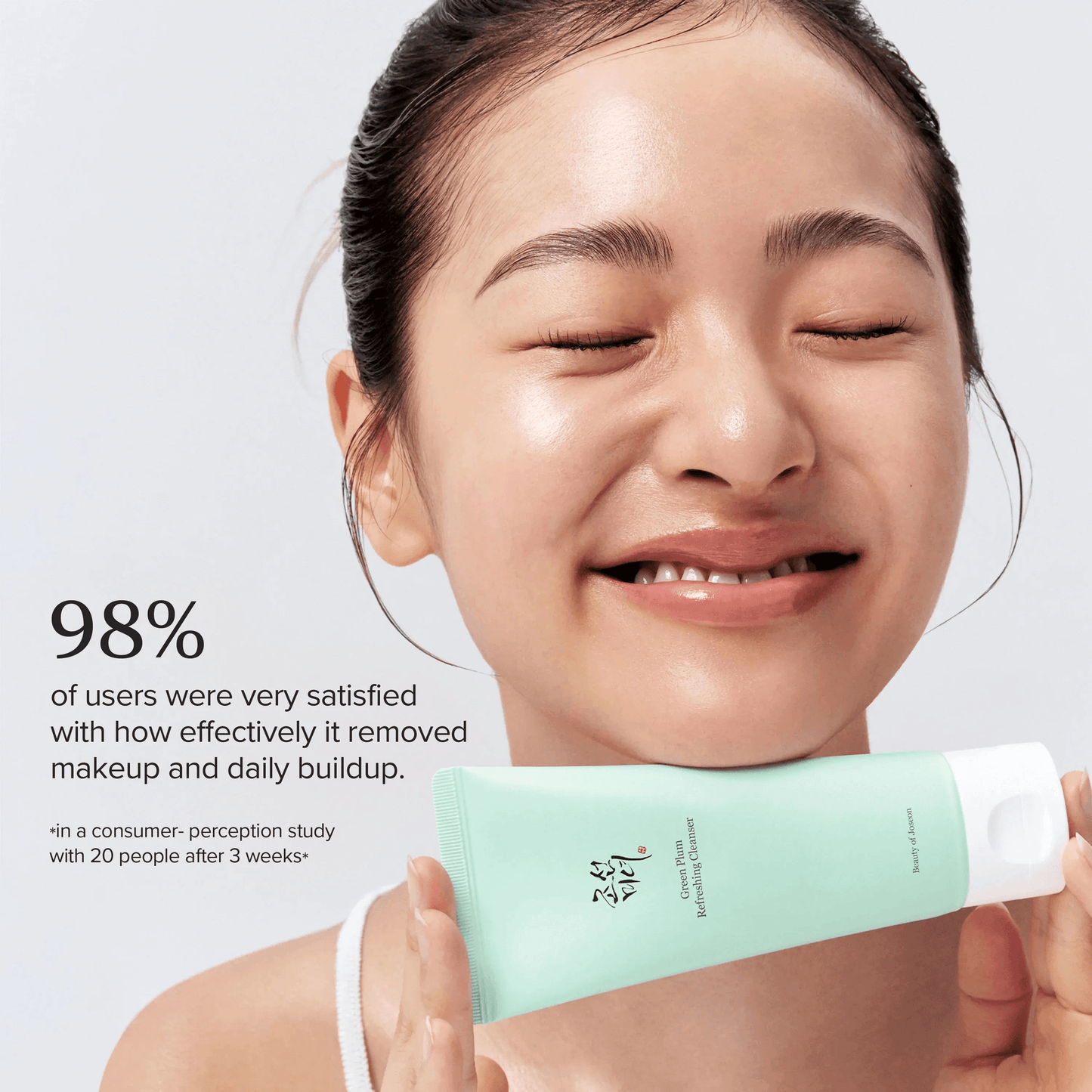 Beauty of Joseon Green Plum Refreshing Cleanser in use, showcasing user satisfaction with makeup removal and daily buildup.