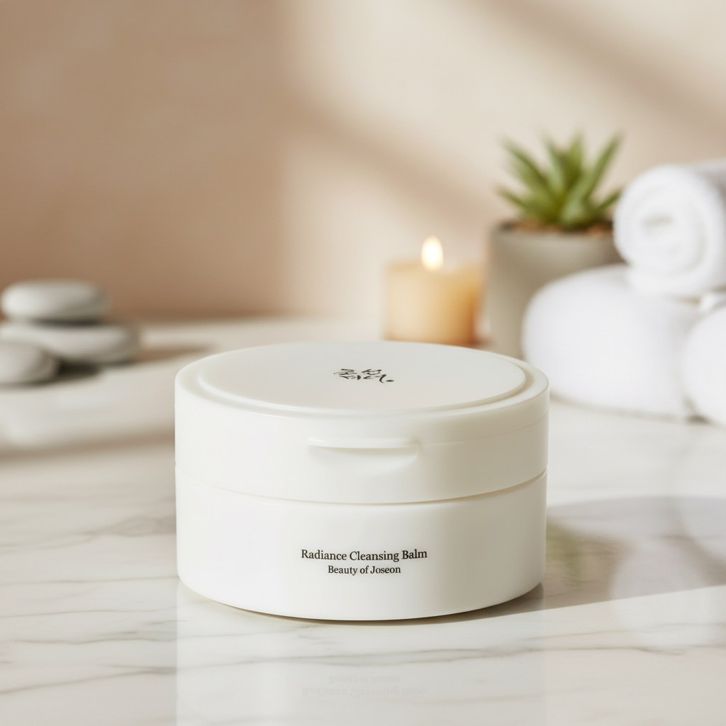 Beauty of Joseon Radiance Cleansing Balm in a sleek jar on a marble surface with spa elements.