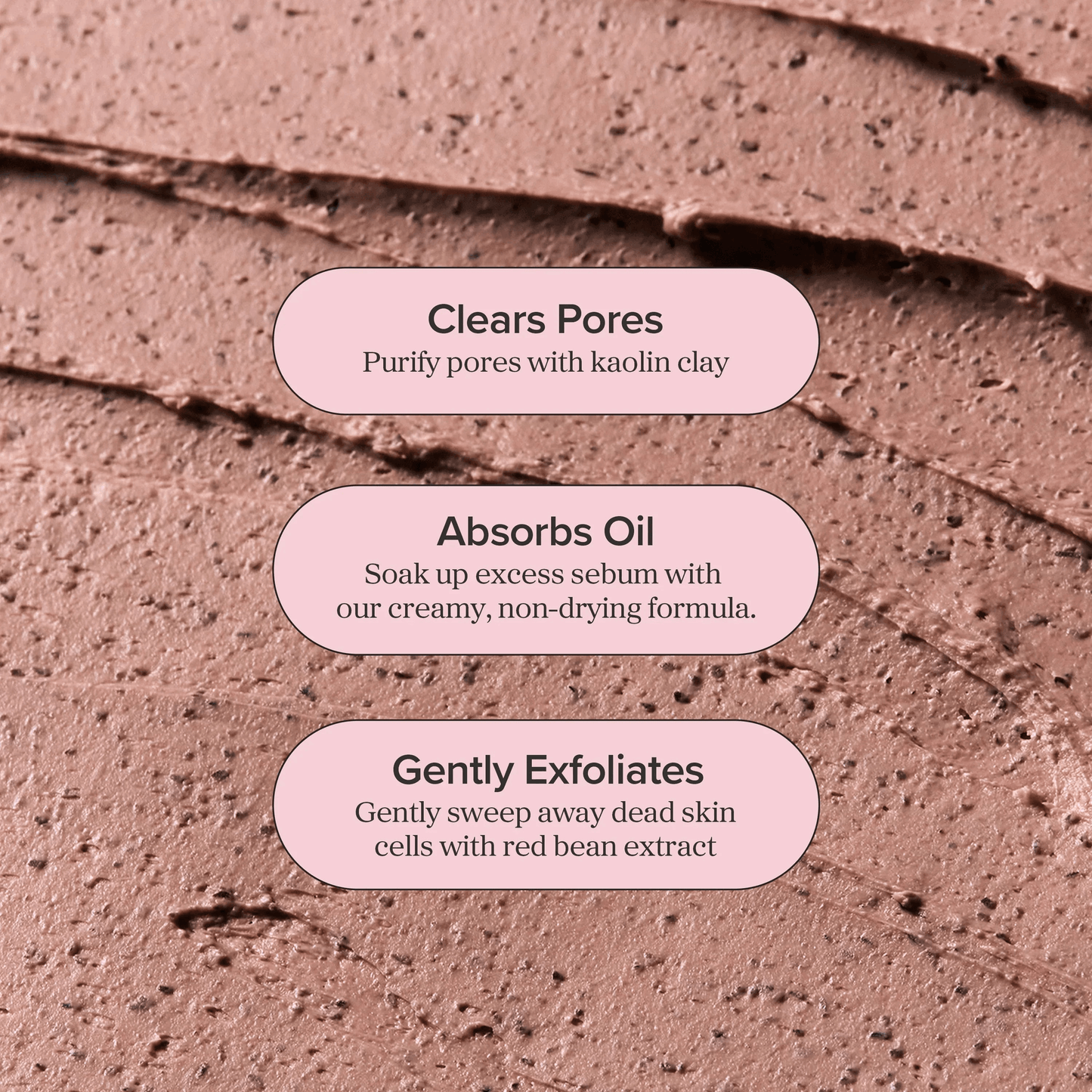 Beauty of Joseon Red Bean Refreshing Pore Mask texture detail showing benefits: clears pores, absorbs oil, gently exfoliates.