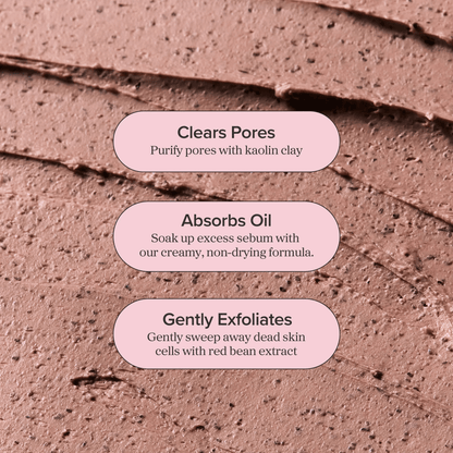 Beauty of Joseon Red Bean Refreshing Pore Mask texture detail showing benefits: clears pores, absorbs oil, gently exfoliates.