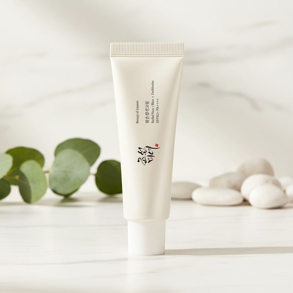 Beauty of Joseon Relief Sun Rice + Probiotics SPF50 in a lightweight tube on a marble surface with greenery.