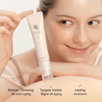 Beauty of Joseon Revive Eye Serum Ginseng Retinal in a user's hand, showcasing anti-aging benefits and moisture.