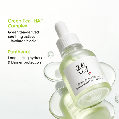 Beauty of Joseon Calming Serum Green Tea + Panthenol in a glass dropper bottle with green tea and hydration benefits.