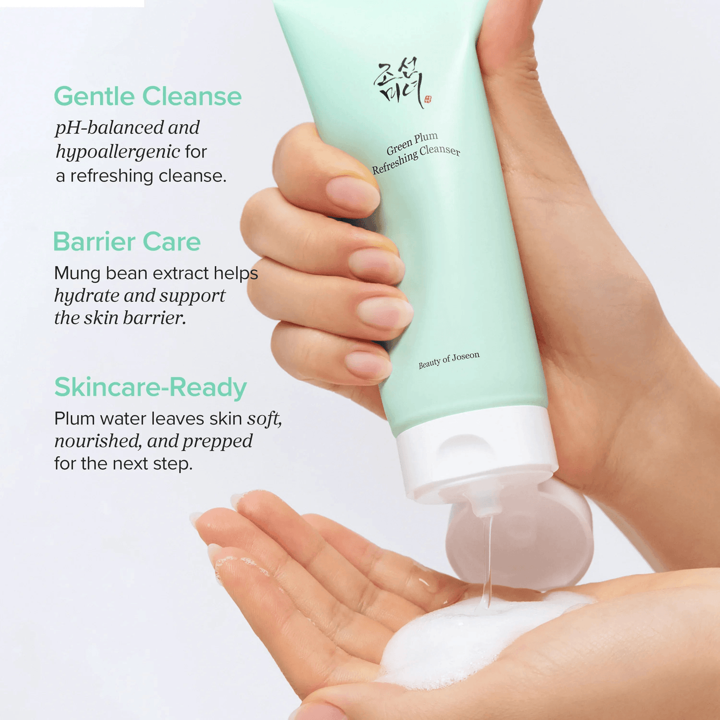 Beauty of Joseon Green Plum Refreshing Cleanser displayed with foaming gel and key benefits highlighted.