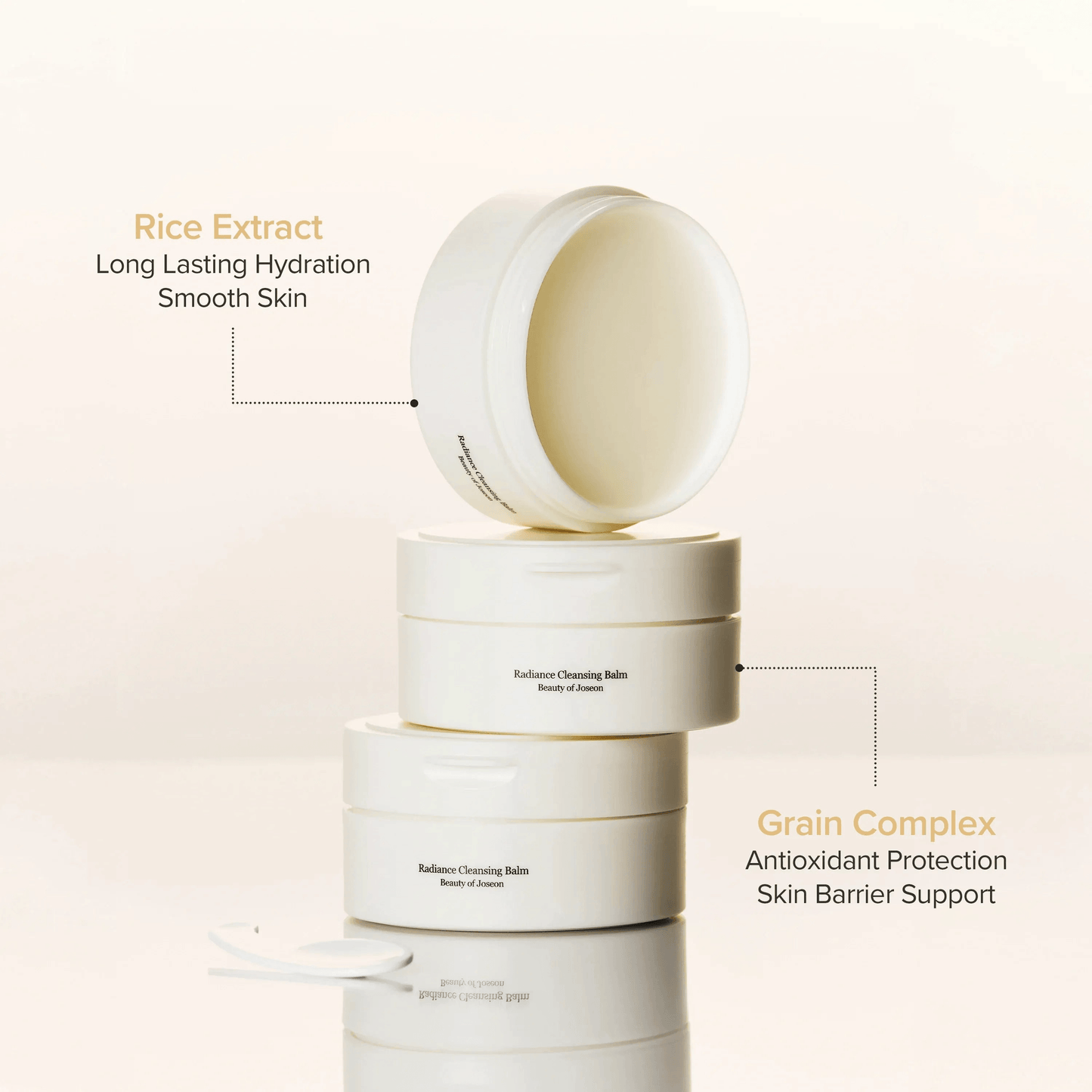 Beauty of Joseon Radiance Cleansing Balm stacked with rice extract and grain complex labels highlighting their benefits.