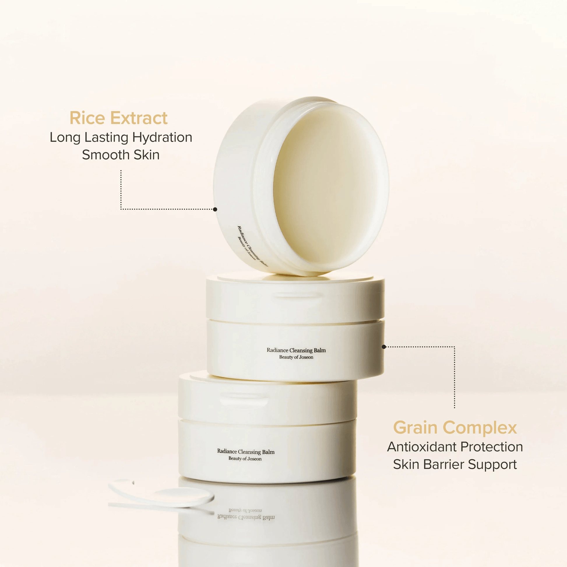 Beauty of Joseon Radiance Cleansing Balm stacked with rice extract and grain complex labels highlighting their benefits.