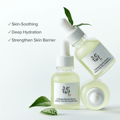 Beauty of Joseon Calming Serum Green Tea + Panthenol in elegant glass bottles with green tea leaves.