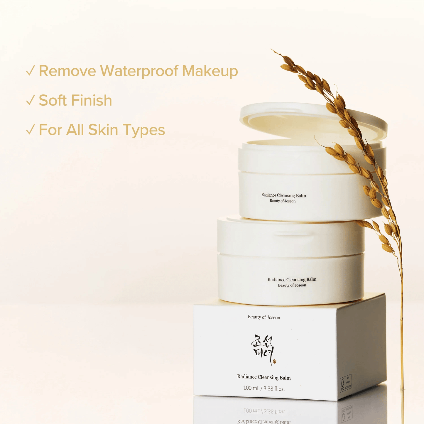 Beauty of Joseon Radiance Cleansing Balm in white jars stacked with benefits for all skin types.