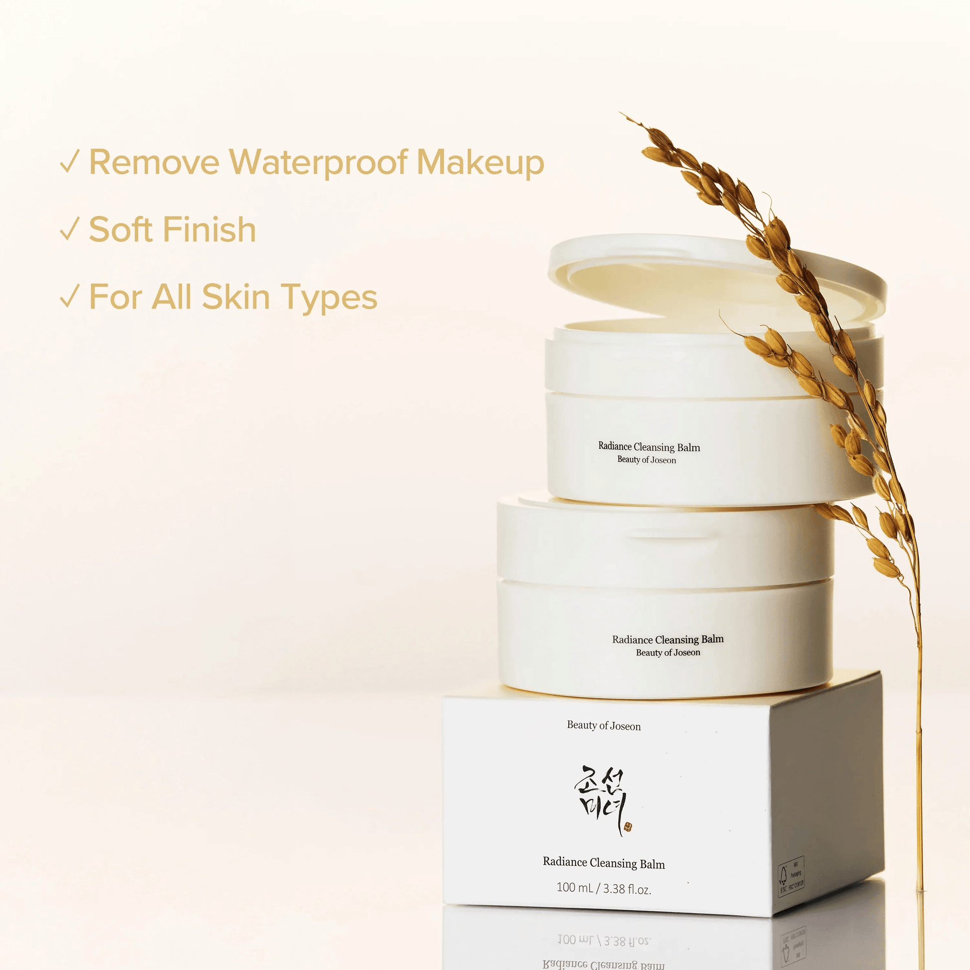 Beauty of Joseon Radiance Cleansing Balm in white jars stacked with benefits for all skin types.