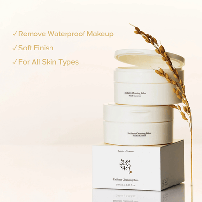 Beauty of Joseon Radiance Cleansing Balm in white jars stacked with benefits for all skin types.