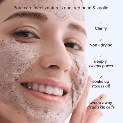 Beauty of Joseon Red Bean Refreshing Pore Mask on a smiling woman with clay mask, showcasing its benefits.