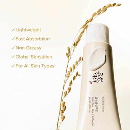 Beauty of Joseon Relief Sun Rice + Probiotics SPF50 cream tube with lightweight and non-greasy features.