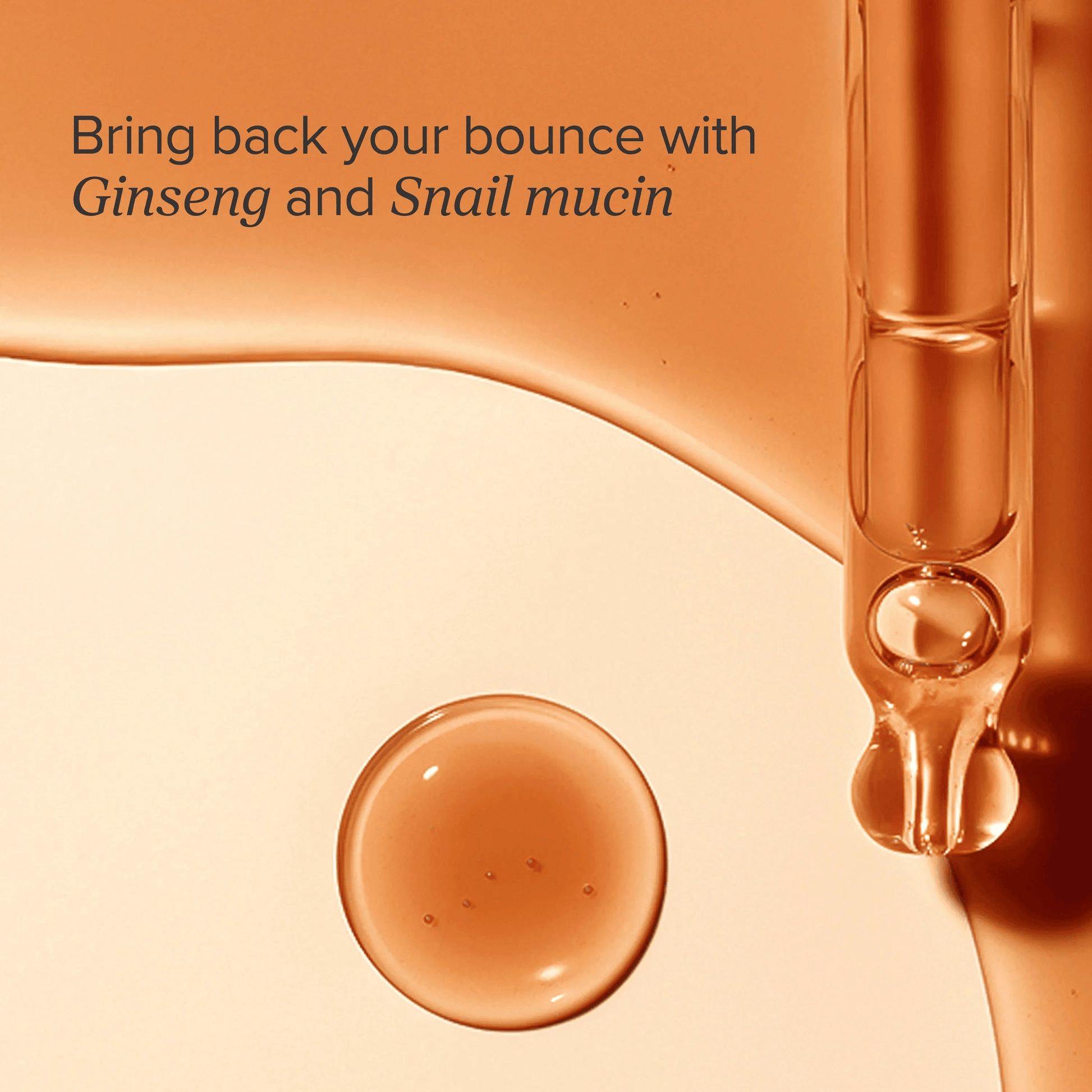 Beauty of Joseon Revive Serum Ginseng + Snail Mucin with droplet and soft, golden serum texture.