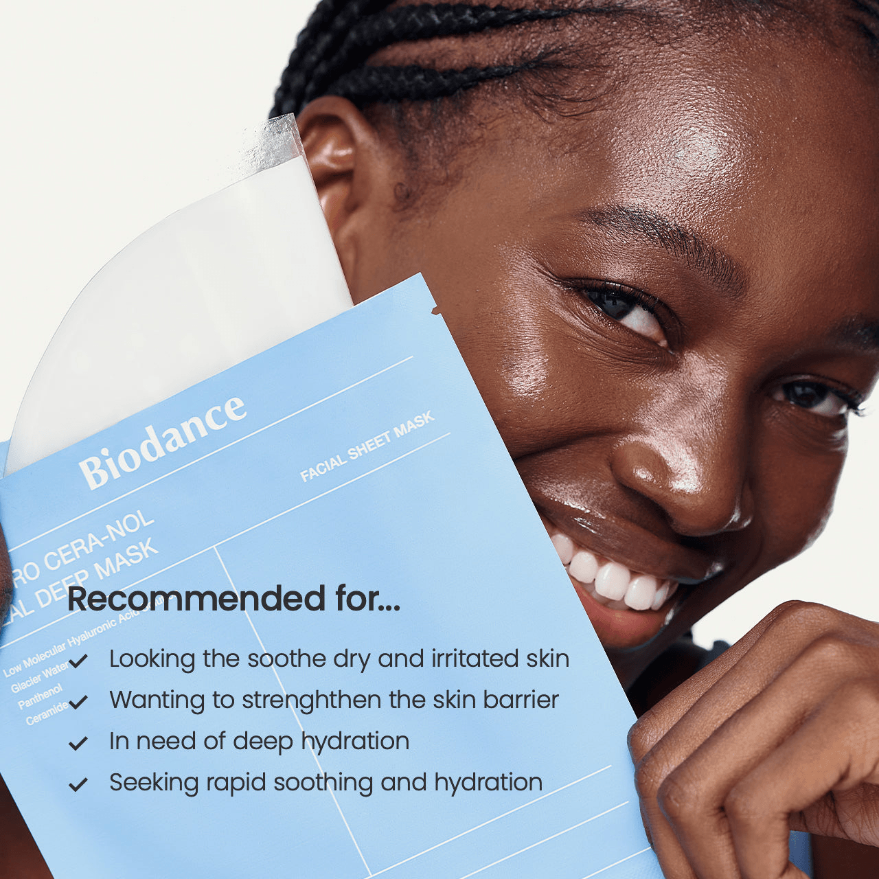 Image of a woman holding Biodance Hydro Cera-nol Real Deep Mask, smiling and showcasing skincare benefits.