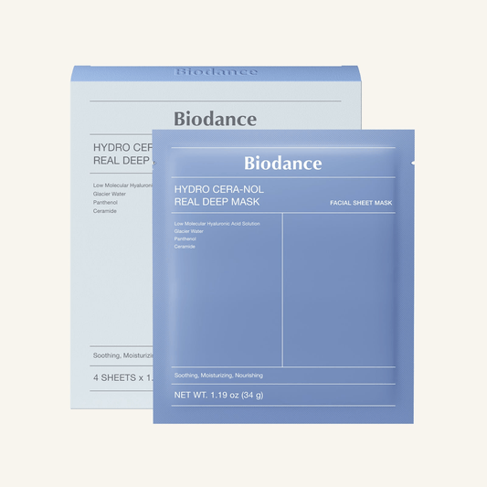 Biodance Hydro Cera-nol Real Deep Mask packaging and sheet, soothing hydrogel for sensitive skin hydration.