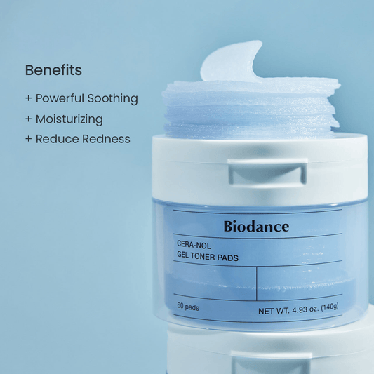 Biodance Cera-nol Gel Toner Pads container showcasing benefits like powerful soothing and moisturizing.
