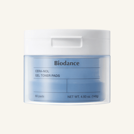 Biodance Cera-nol Gel Toner Pads container showcasing 60 soothing toner pads for dry, sensitive skin.