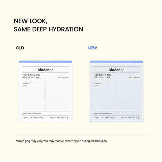 Biodance Hydro Cera-nol Real Deep Mask packaging comparison with old and new designs showing deep hydration benefits.