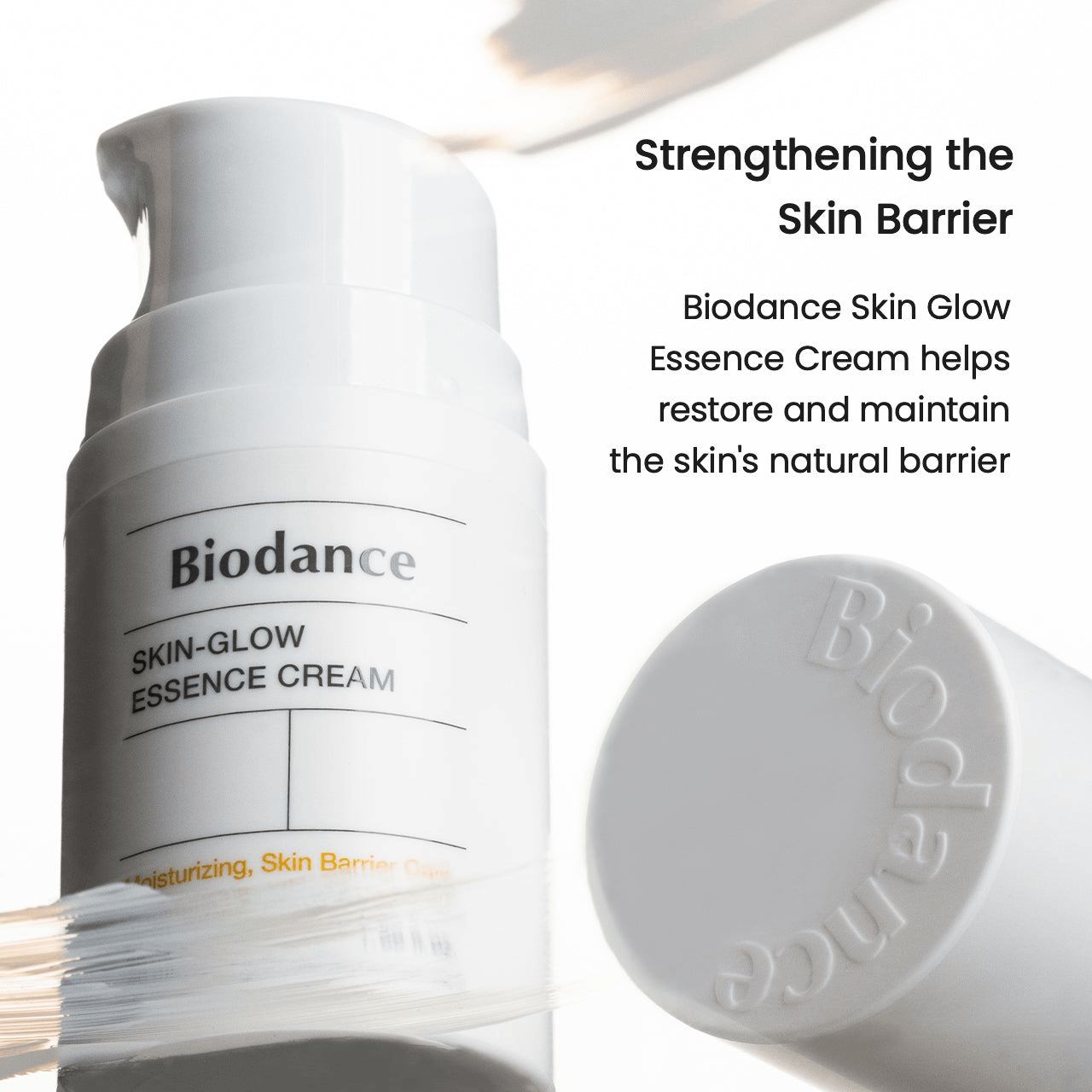Biodance Skin Glow Essence Cream bottle promoting skin barrier strengthening and hydration.