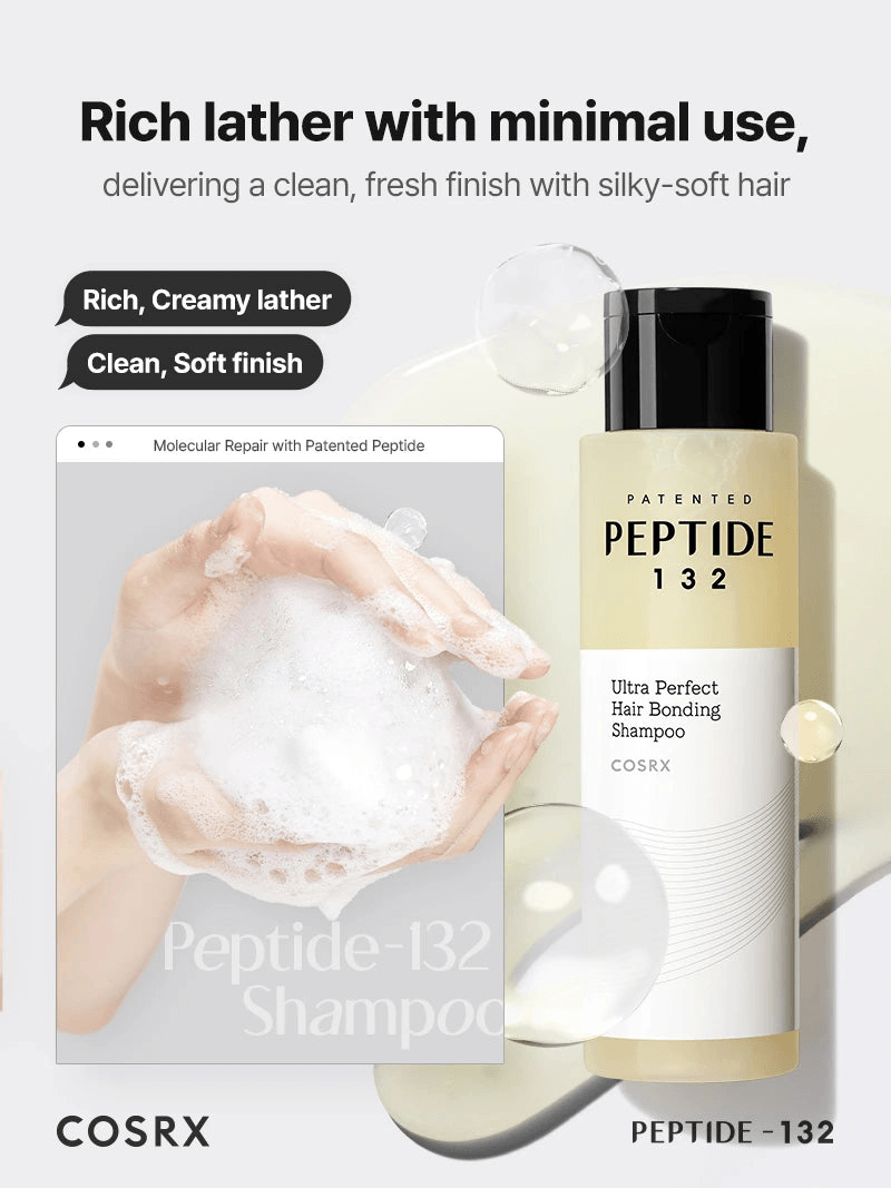 COSRX PEPTIDE-132 Ultra Perfect Hair Bonding Shampoo showcasing rich lather for clean, soft, silky hair.
