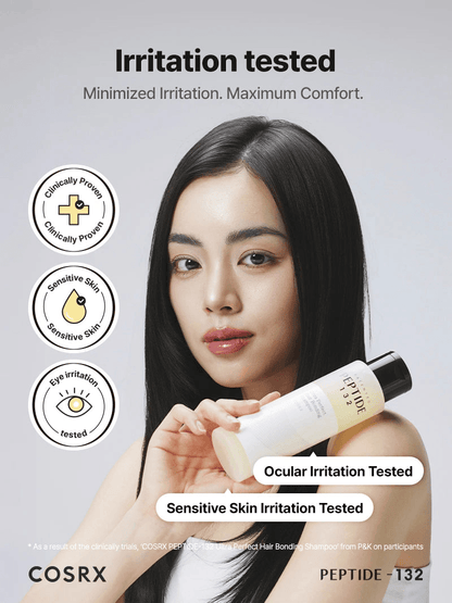 COSRX PEPTIDE-132 Ultra Perfect Hair Bonding Shampoo image showing irritation testing results and a model holding the product.