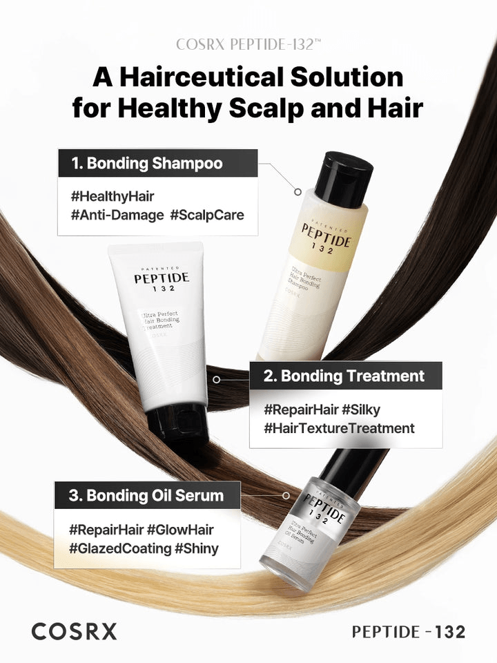 COSRX PEPTIDE-132 Ultra Perfect Hair Bonding Treatment products for healthy scalp and hair care, including bonding shampoo and oil.