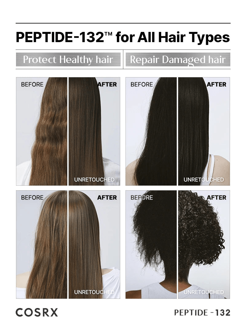 Before and after results showcasing COSRX PEPTIDE-132 Ultra Perfect Hair Bonding Shampoo for all hair types.