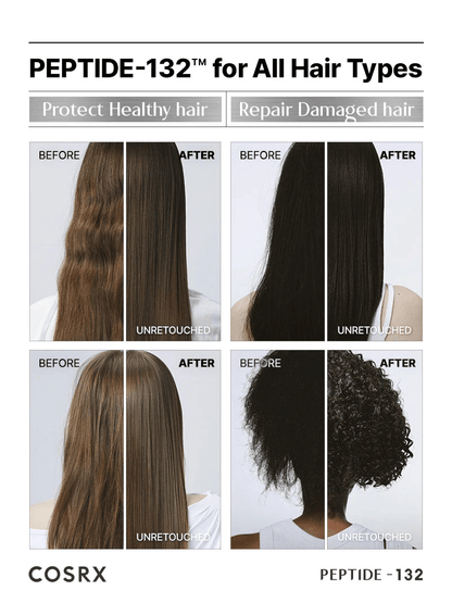 Before and after results showcasing COSRX PEPTIDE-132 Ultra Perfect Hair Bonding Shampoo for all hair types.