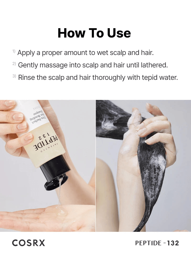 How to use COSRX PEPTIDE-132 Ultra Perfect Hair Bonding Shampoo with application steps.