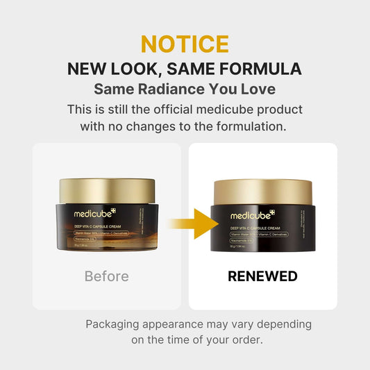 Medicube Deep Vita C Capsule Cream before and renewed packaging comparison notice.