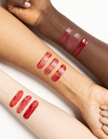 Swatches of ICD Makeup Butter Lip Tint Semi Matte in various shades on different skin tones.
