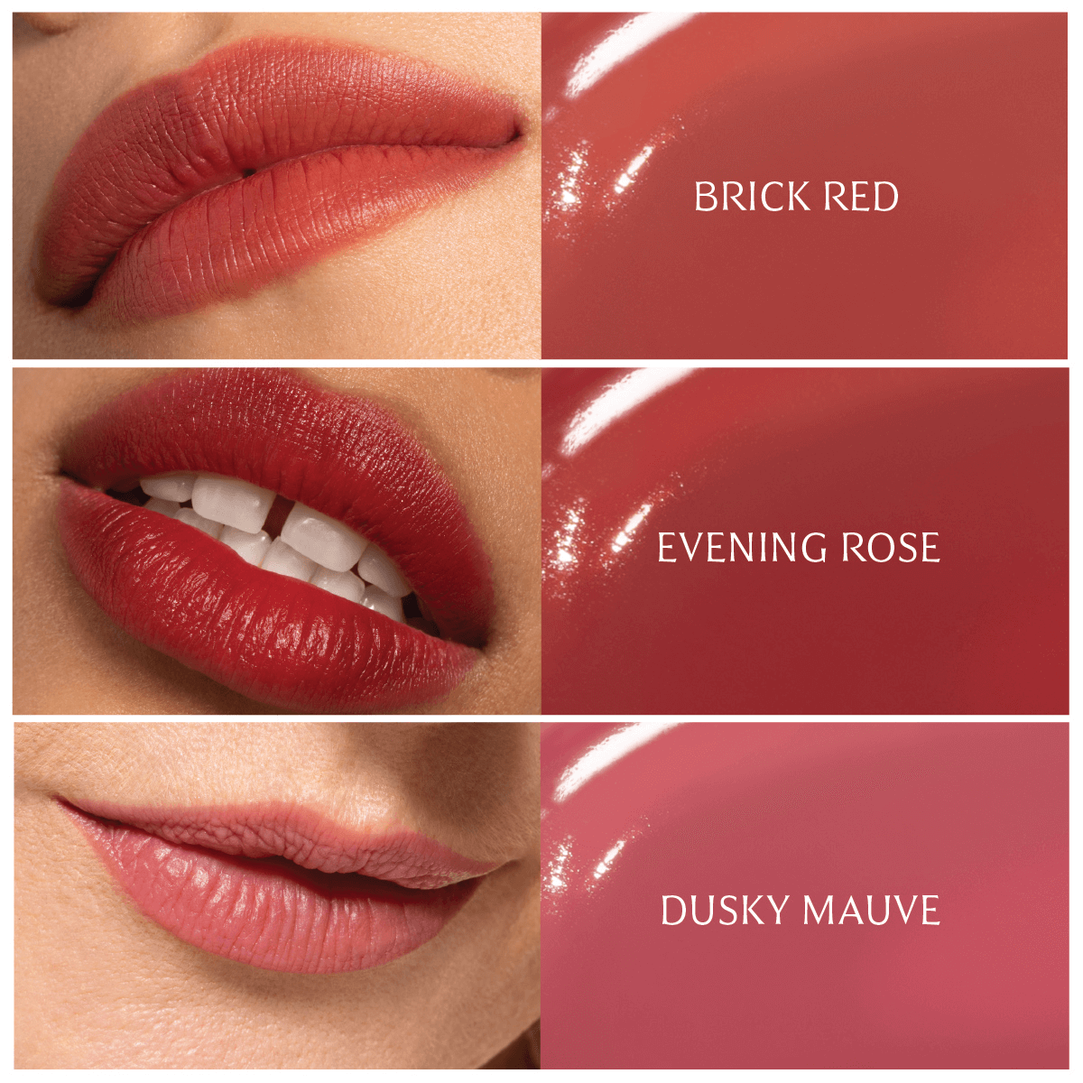Swatches of ICD Makeup Butter Lip Tint in Brick Red, Evening Rose, and Dusky Mauve demonstrating vibrant colors.