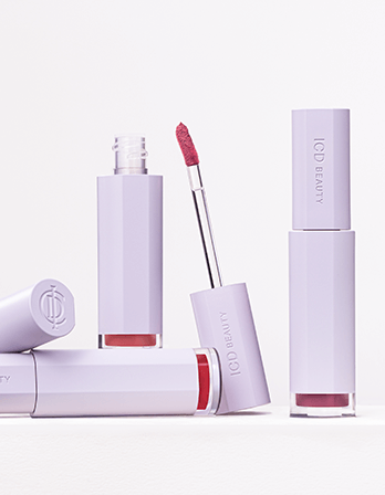 ICD Makeup Butter Lip Tint Velvet Matte in sleek lavender packaging, showcasing the applicator and various shades.