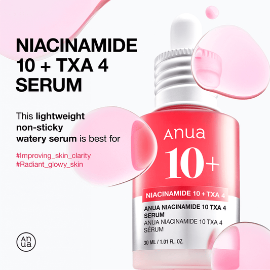Anua Niacinamide 10 TXA 4 Serum bottle with pink accents for skin clarity and radiance.
