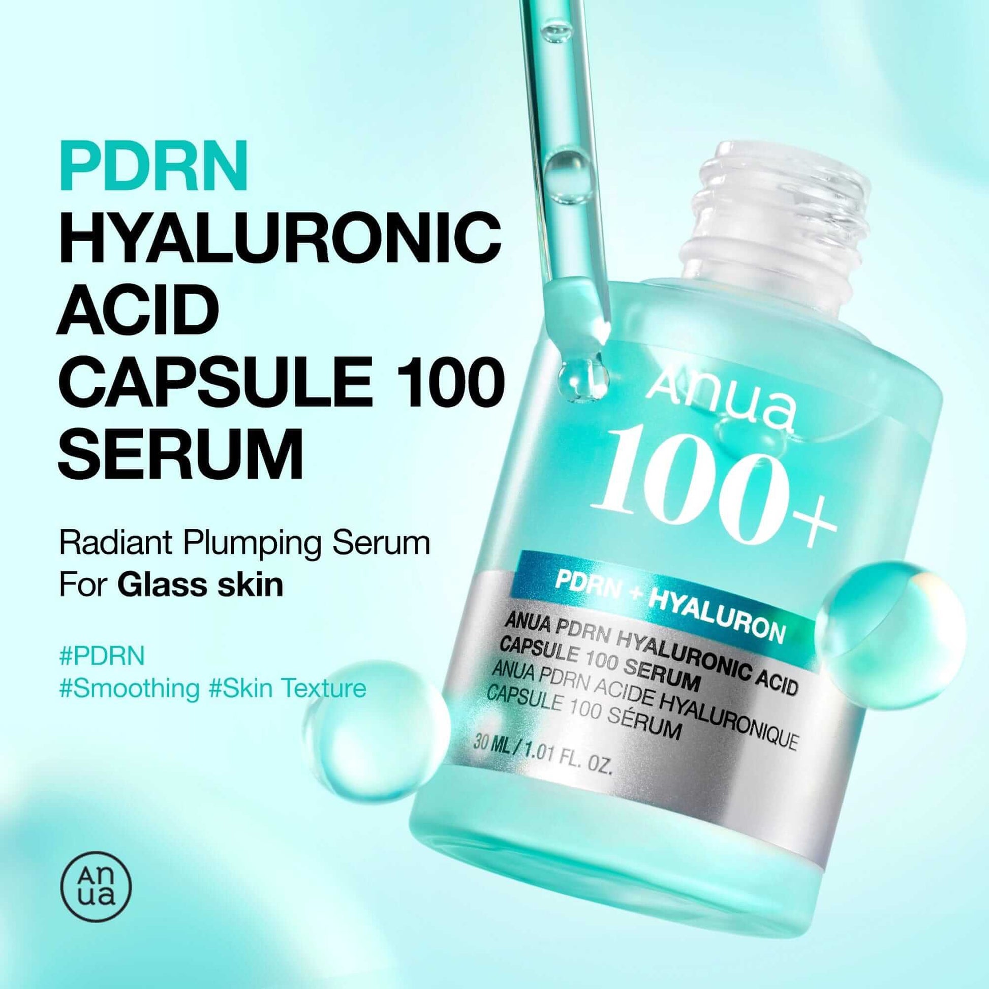 Anua PDRN Hyaluronic Acid Capsule 100 Serum in a glass bottle for radiant skin and hydration.