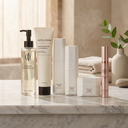 A six-piece skincare set from INCELDERM and CHAOPING on a solid white background. The set includes a clear bottle of Moisture Cleansing Oil with a black pump, a white tube of Snow Enzyme Cleanser, a white bottle of Toner, a white bottle of Essence, a white jar of Cream, and a rose gold tube of Microblading Serum.