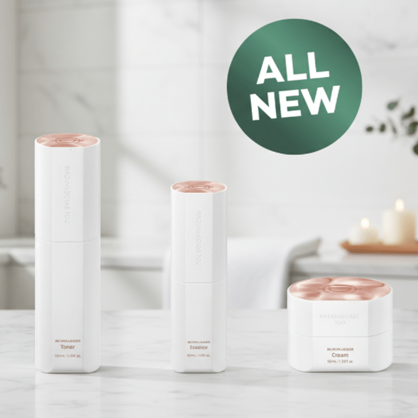 Riman ICD Radiansome 100 Advanced Ritual Set featuring toner, essence, and cream, all new skincare products.