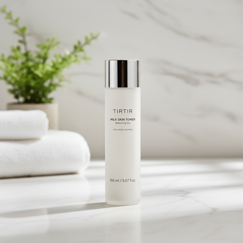TIRTIR milk skin toner bottle on a white background