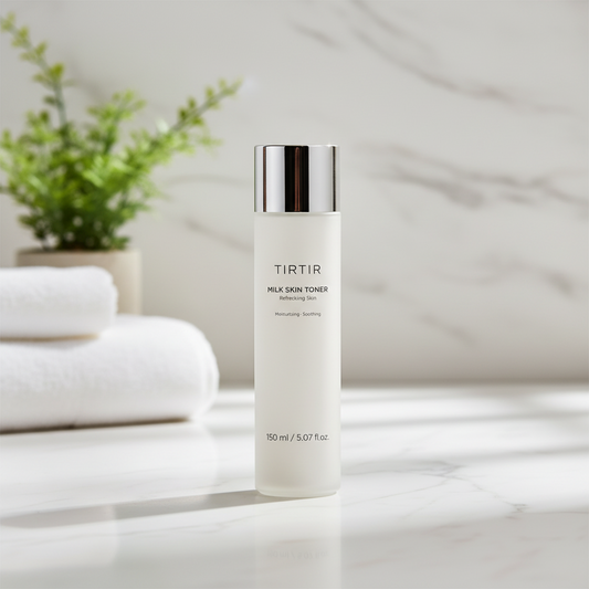TIRTIR Milk Skin Toner | Korean Skincare Products displayed on a marble surface with towels and plants.