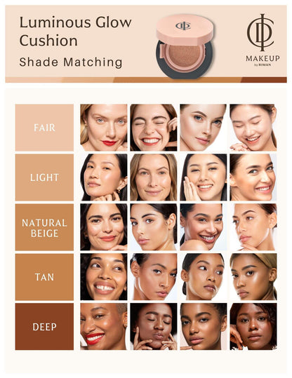 Luminous Glow Cushion shade matching chart displaying different skin tones from fair to deep.