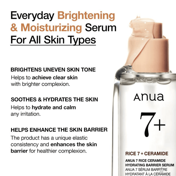 Anua 7 Rice Ceramide Hydrating Barrier Serum bottle promoting hydration and brightening for all skin types.