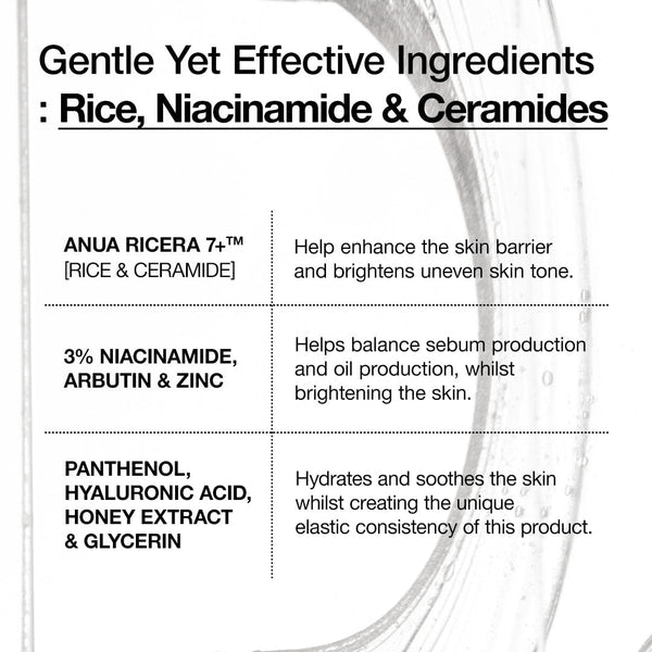 Gentle yet effective ingredients for Anua 7 Rice Ceramide Hydrating Barrier Serum including rice, niacinamide, and ceramides.