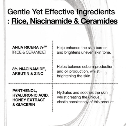 Gentle yet effective ingredients for Anua 7 Rice Ceramide Hydrating Barrier Serum including rice, niacinamide, and ceramides.