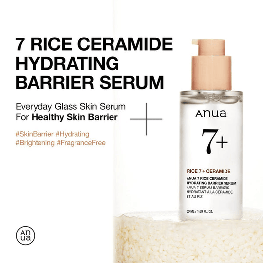 Anua 7 Rice Ceramide Hydrating Barrier Serum bottle with rice grains, highlighting skincare benefits for healthy skin.