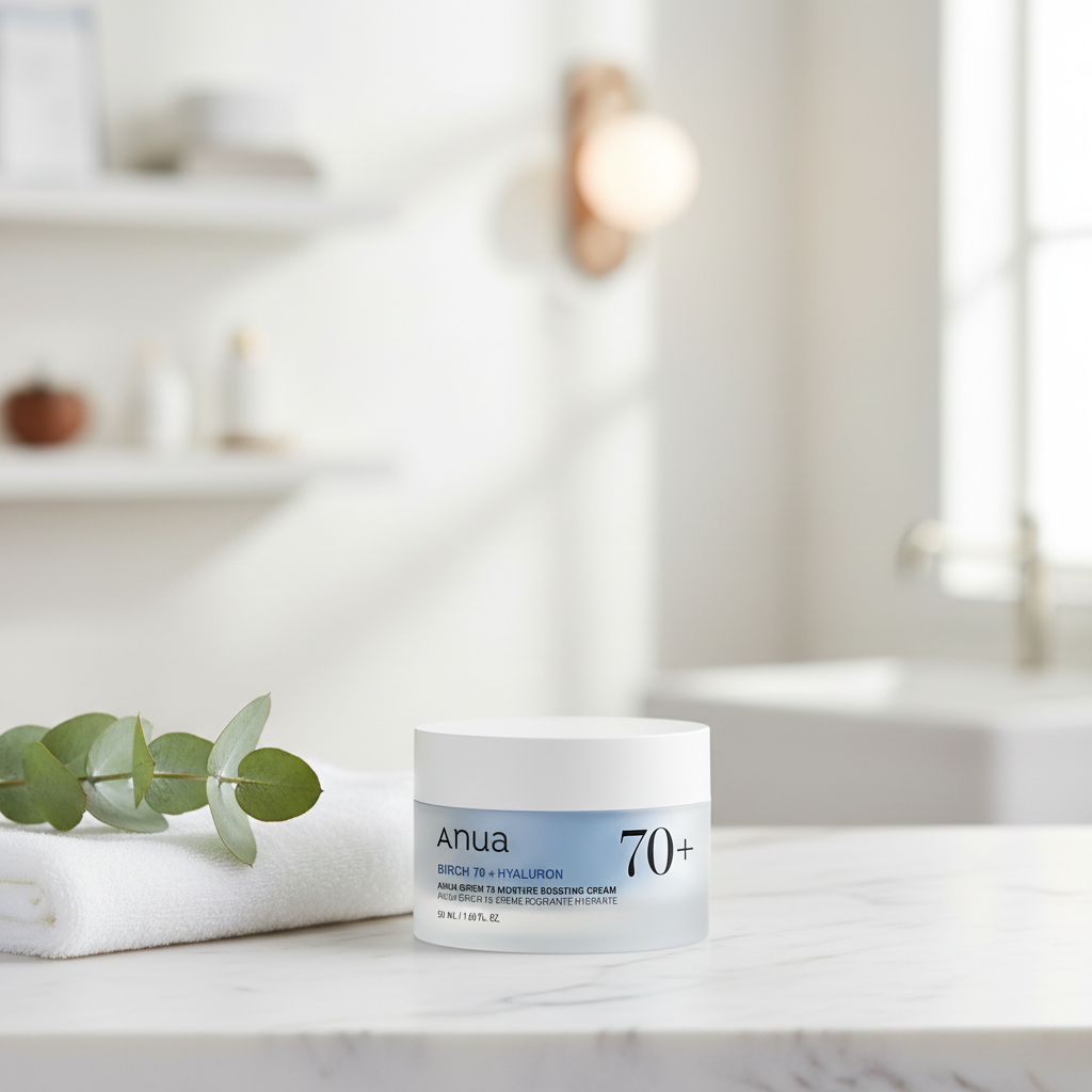 Anua Birch 70 Moisture Boosting Cream in a sleek jar designed for hydrating and strengthening dry skin.