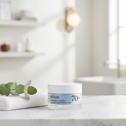 Anua Birch 70 Moisture Boosting Cream in a sleek jar designed for hydrating and strengthening dry skin.